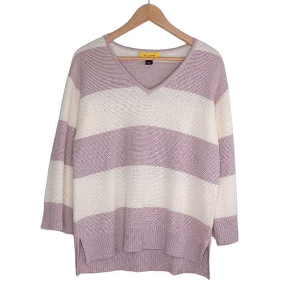 St. John Gold Label V-Neck Striped Knit Wool Blend Sweater - Picture 1 of 14